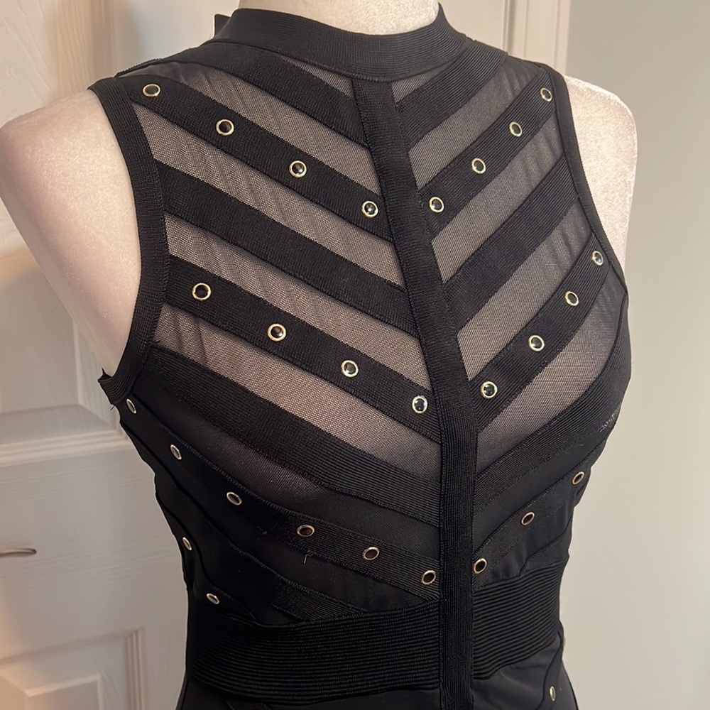 bebe Bandage Mini Dress - Sheer Mesh Upper - Gold & Black Enamel Studs - Size S